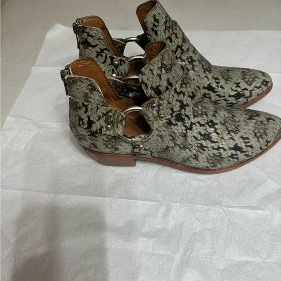 Frye Ray Harness Back Zip Snake Print Ankle Booties - Black and Gray - Picture 3 of 10